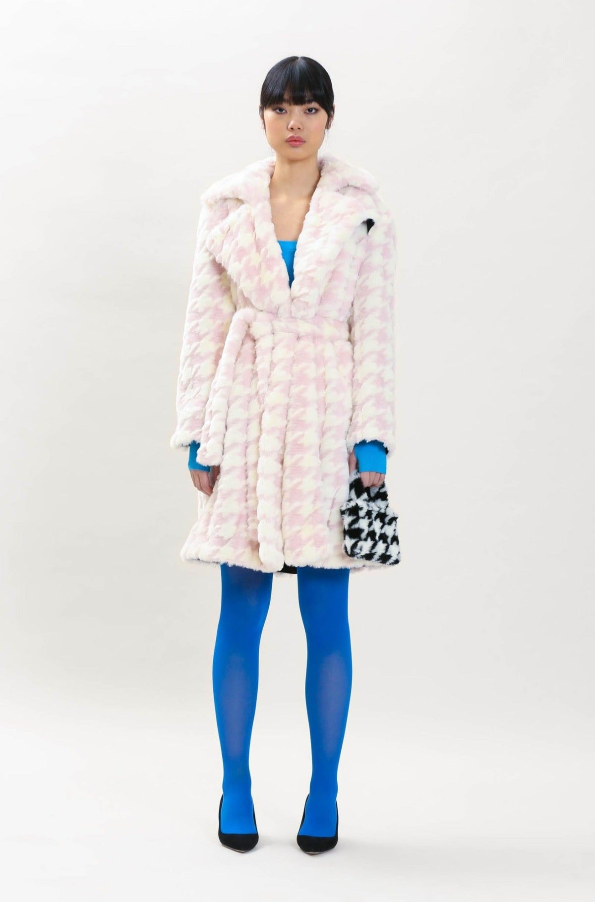 Juliette Faux Fur Houndstooth Coat in Pink