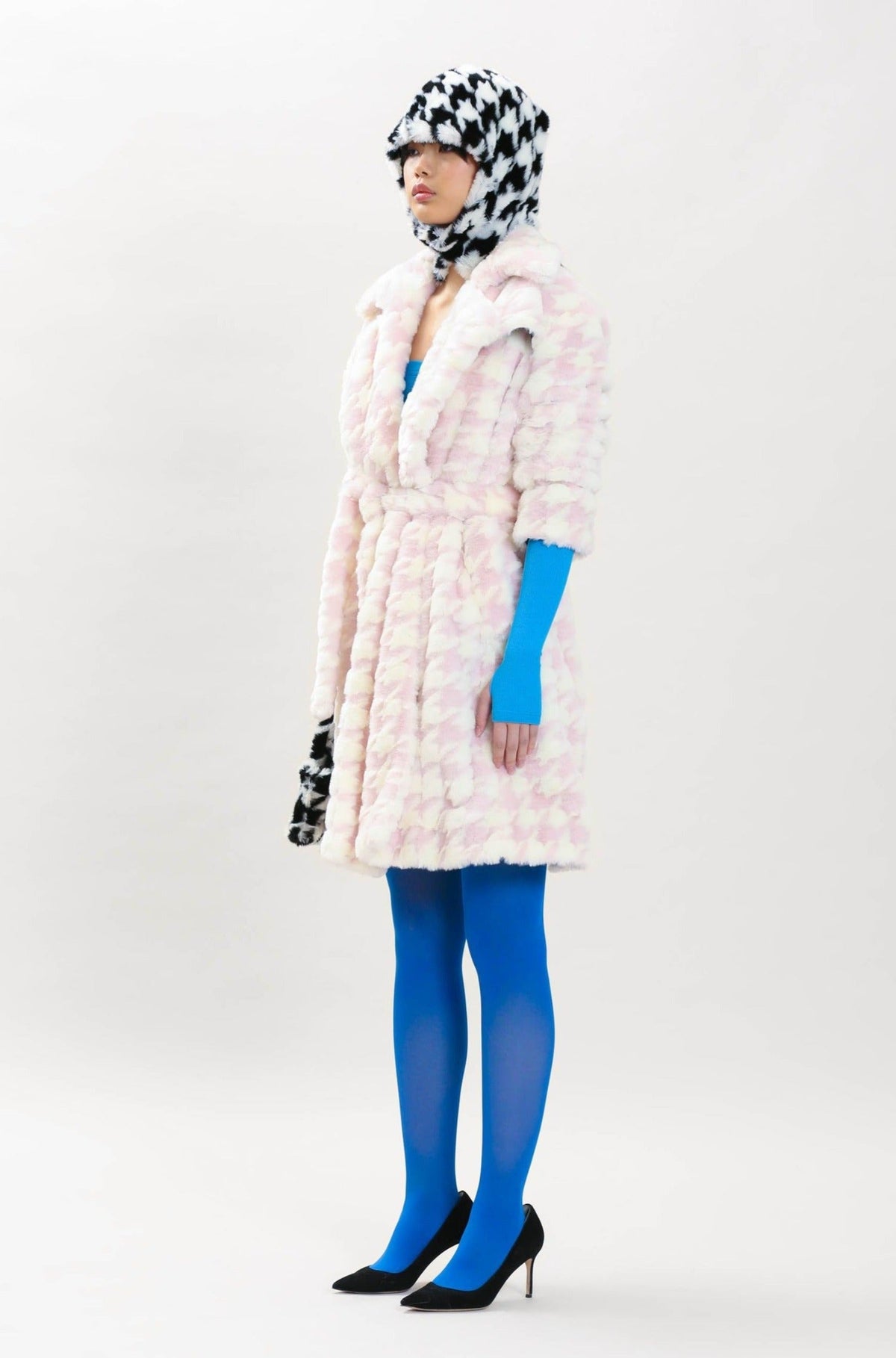 Juliette Faux Fur Houndstooth Coat in Pink