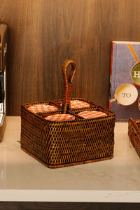 Rattan Cutlery and Condiment Carrier in Brown