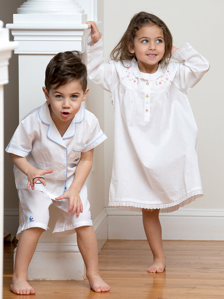 Ruby White Cotton Dress with Embroidered Pink Roses