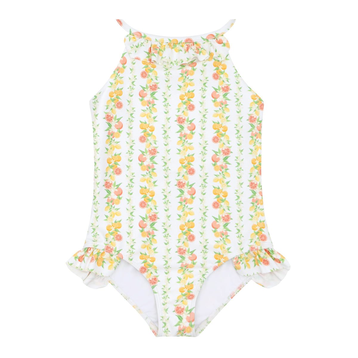 Girl's Linear Citrus Ruffle Halter One Piece