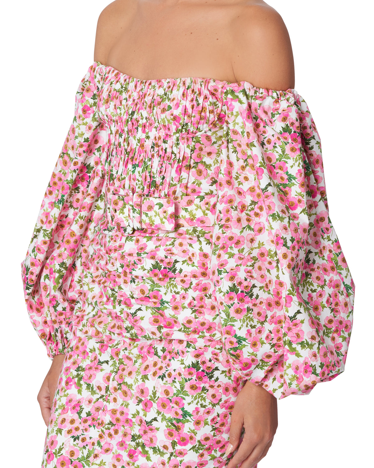 Off-The-Shoulder Midi Dress in Pink Floral