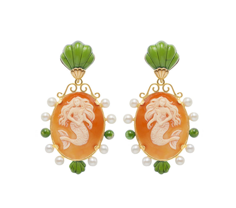 Mermaid Cameos Earrings in Jade