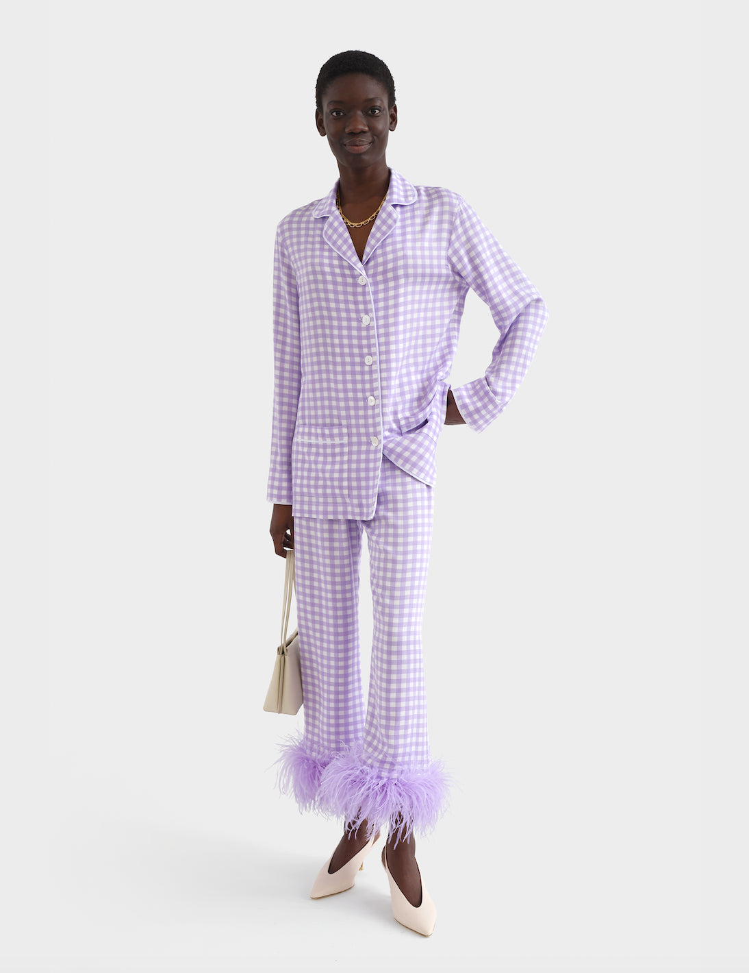 Party Pajama Set with Feathers in Lavender Vichy