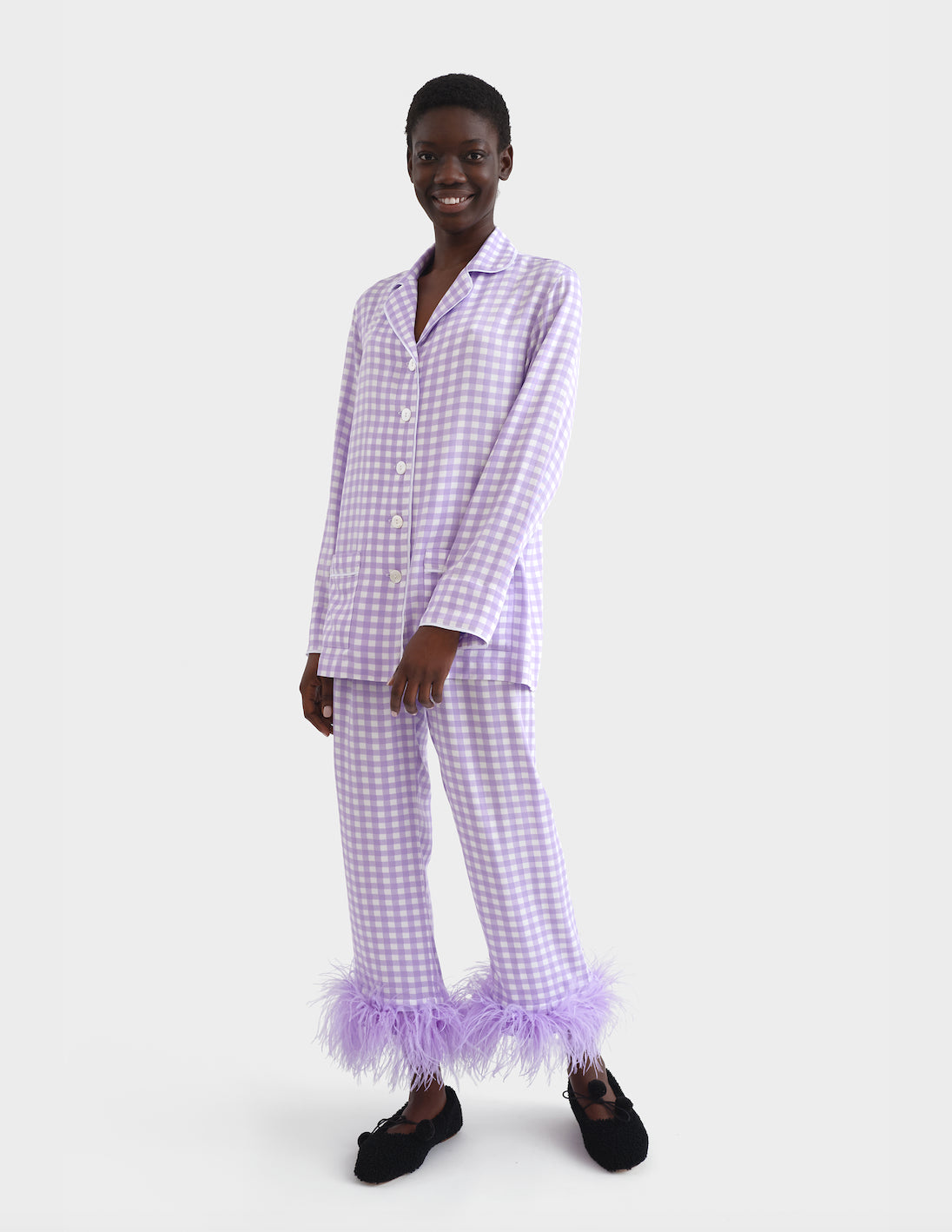 Party Pajama Set with Feathers in Lavender Vichy