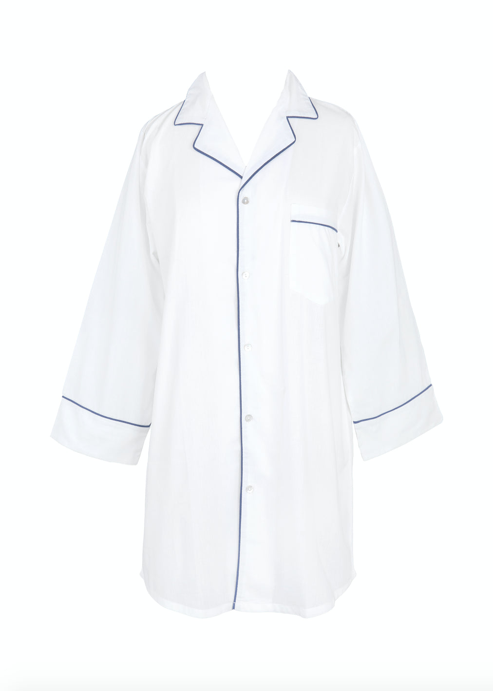 Ally White Cotton Nightshirt with Navy Blue Piping