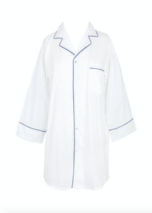 Ally White Cotton Nightshirt with Navy Blue Piping