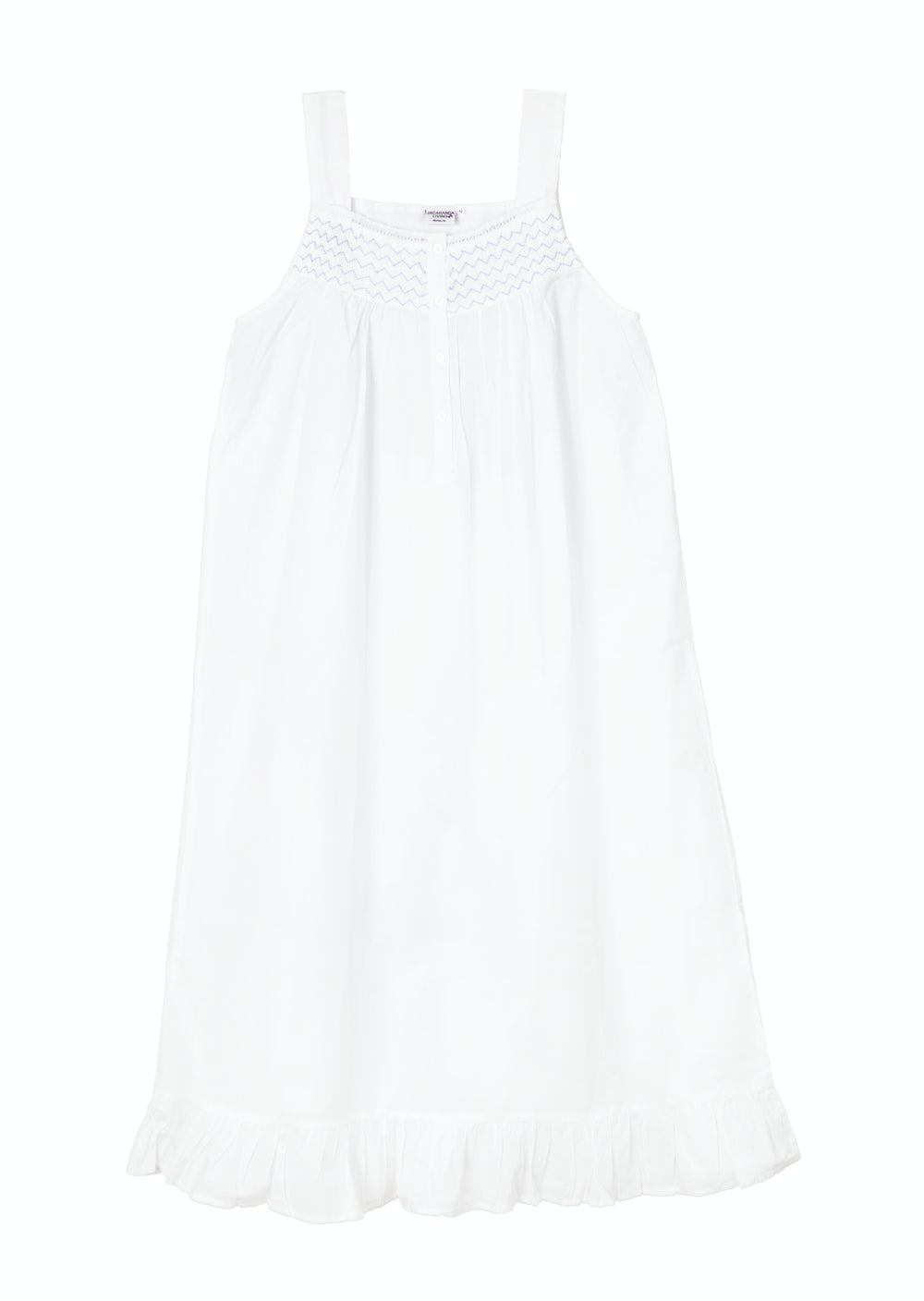 Vicki White Cotton Nightgown with Blue Smocking