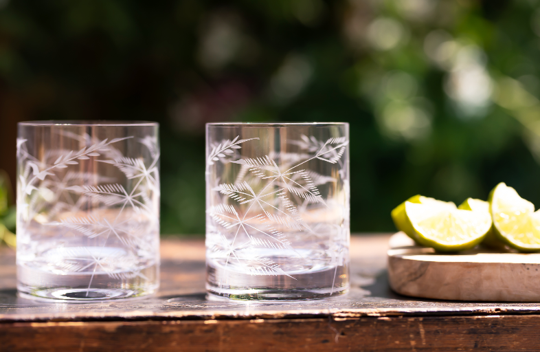 Pair of Crystal Whiskey Glasses with Fern Design