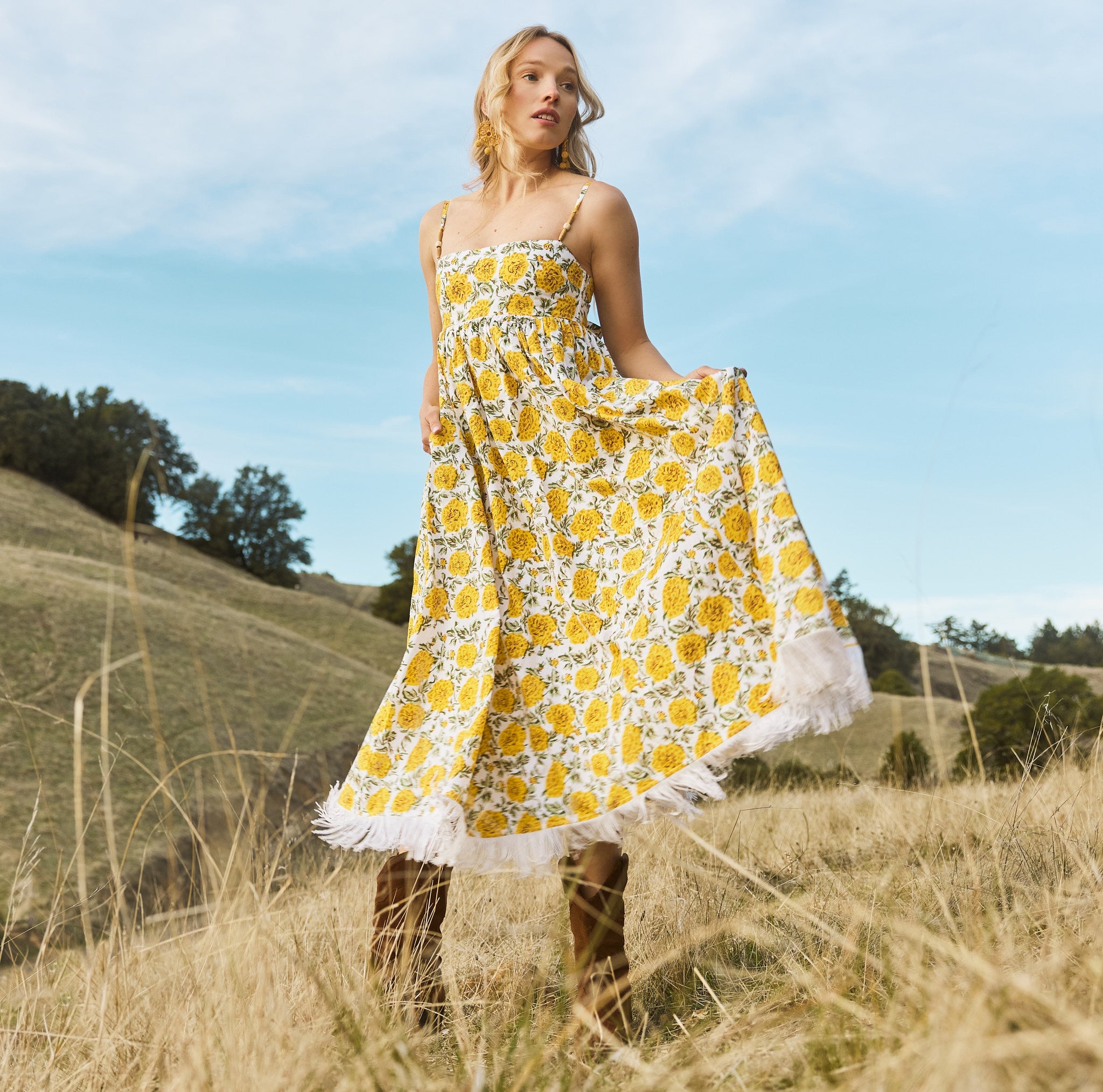 Gavin Fringe Midi Dress in Cream & Canary Floral