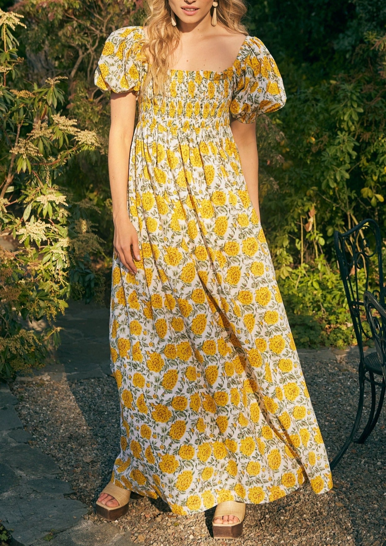 Aurora Puff Sleeve Maxi Dress in Cream & Canary Floral