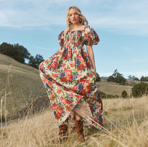 Aurora Puff Sleeve Maxi Dress in Dove White & Blooming Floral Print