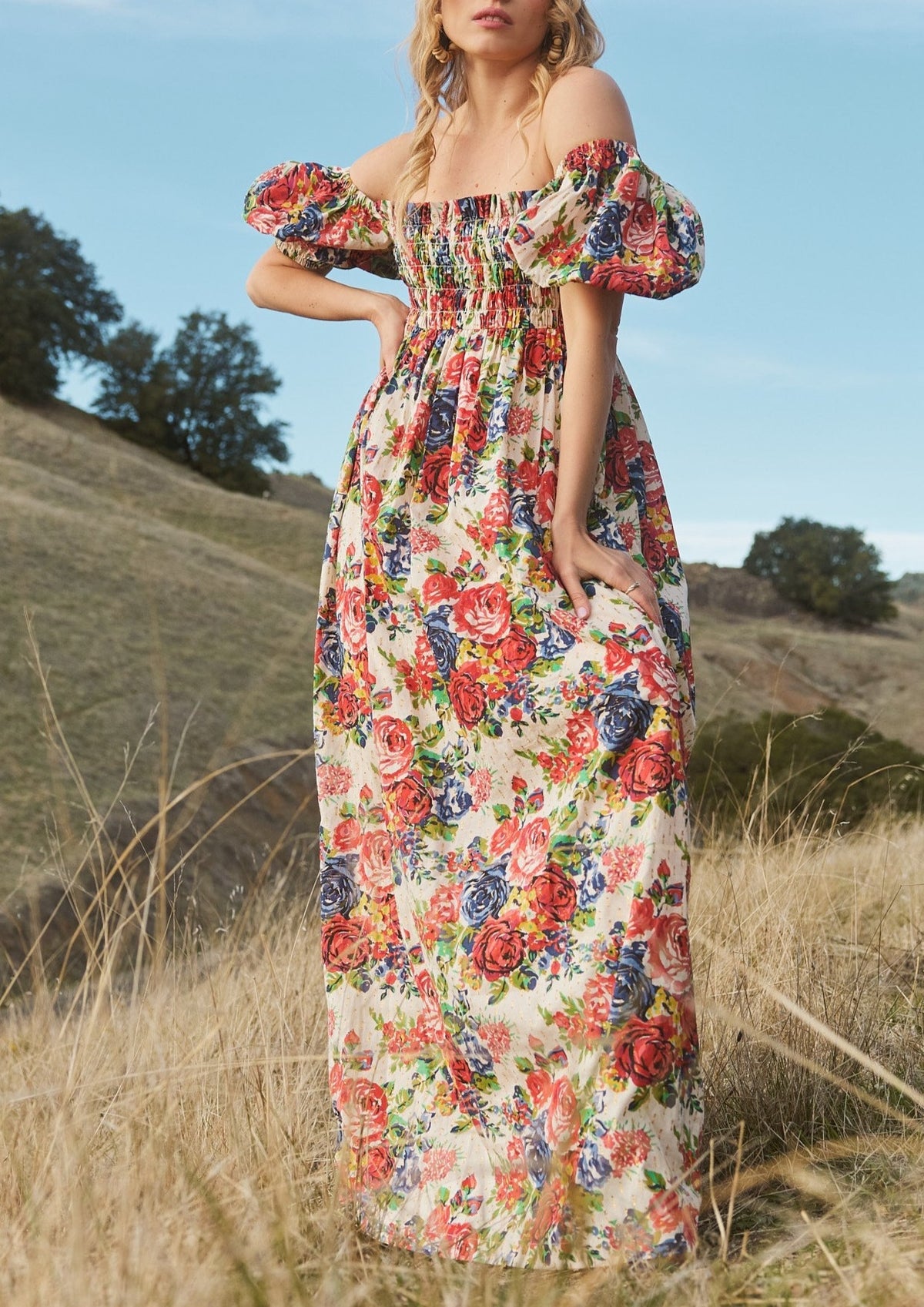 Aurora Puff Sleeve Maxi Dress in Dove White & Blooming Floral Print