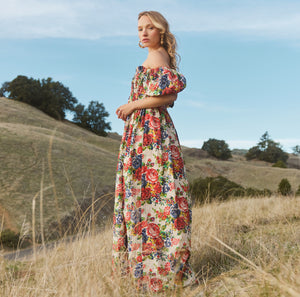 Aurora Puff Sleeve Maxi Dress in Dove White & Blooming Floral Print