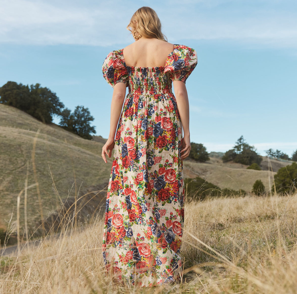 Aurora Puff Sleeve Maxi Dress in Dove White & Blooming Floral Print