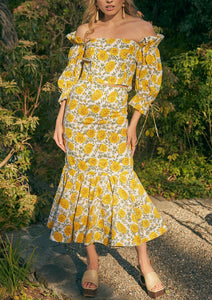 Patsy Fluted Pencil Skirt in Cream and Canary Floral