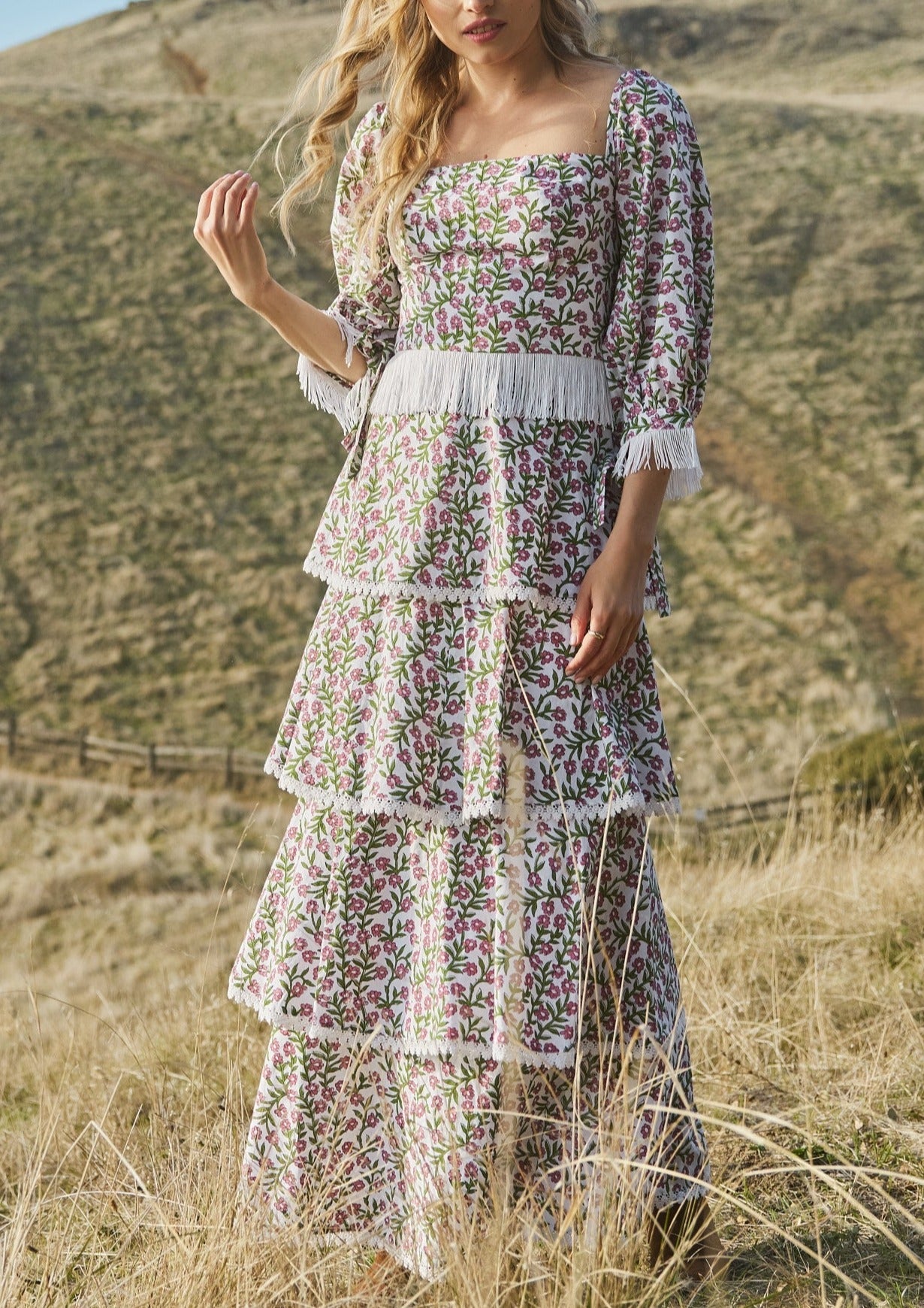 Peyton Puff Sleeve Fringe Top in Ivory & Amaranth Floral