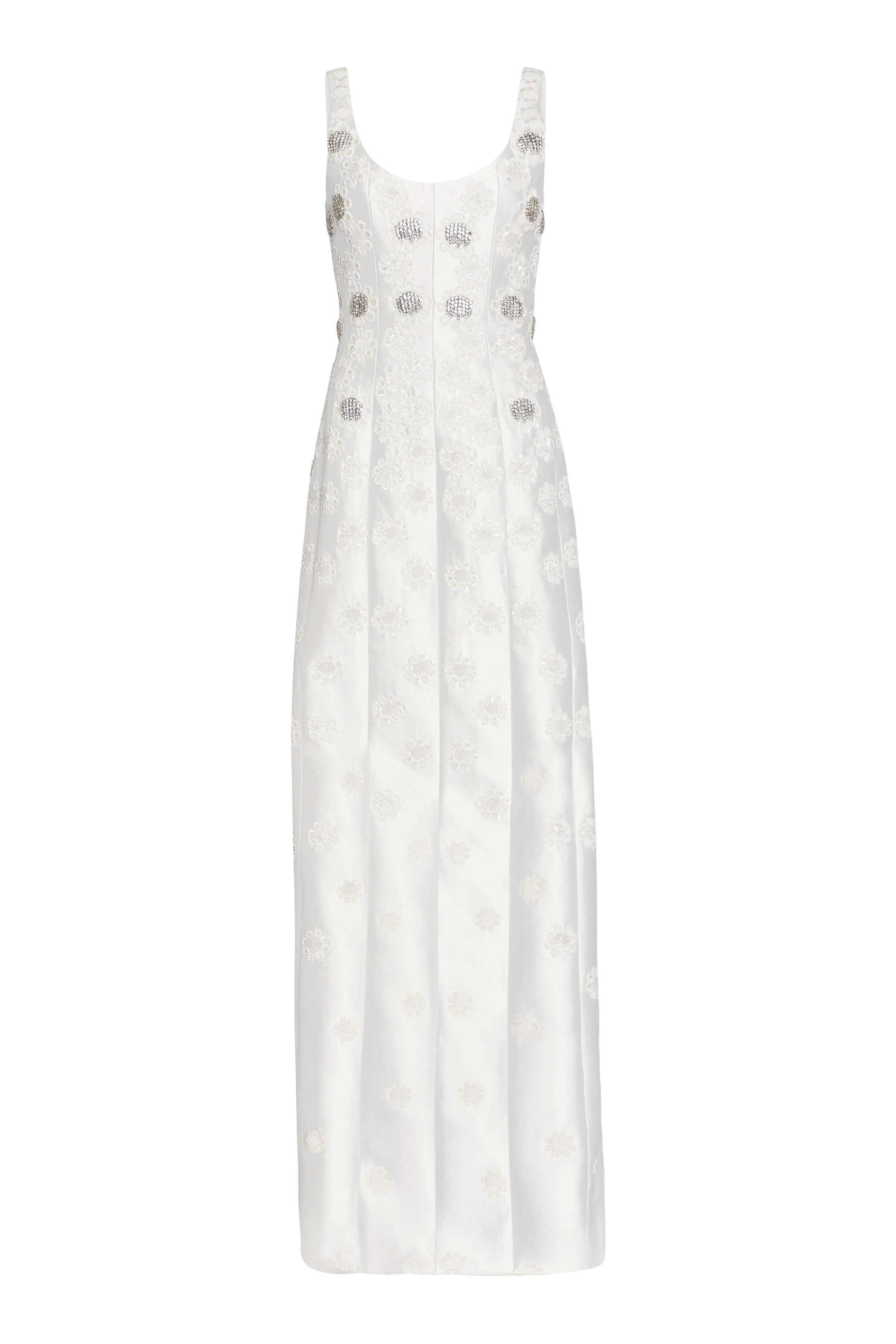 Sylvie White Silk Paneled Column Gown With Daisy Beading