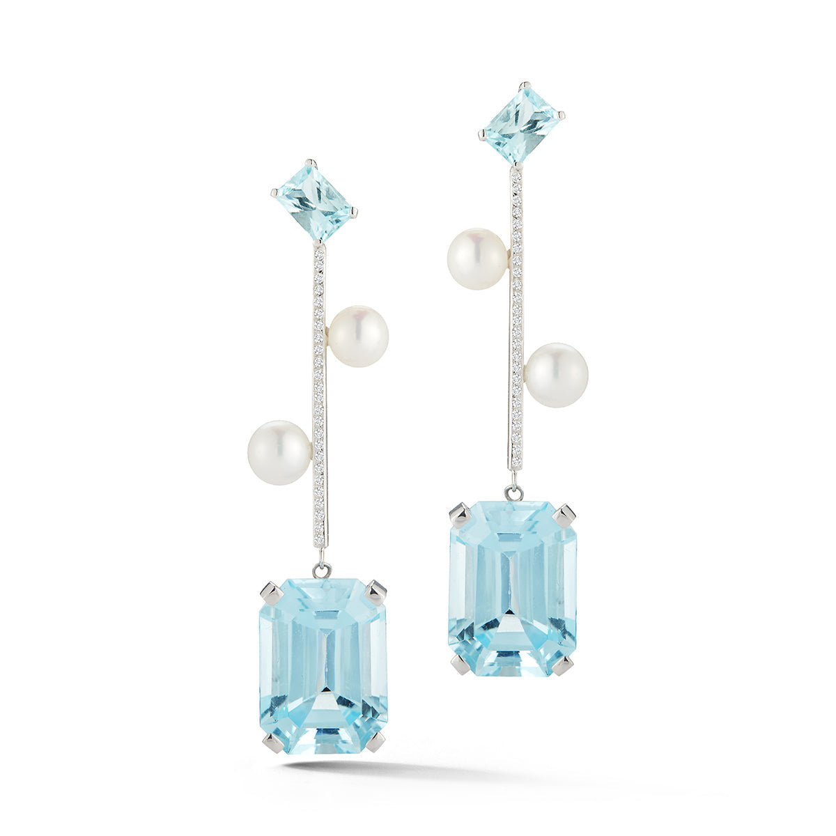 14K Aquamarine, Blue Topaz, and Pearl Statement Earring