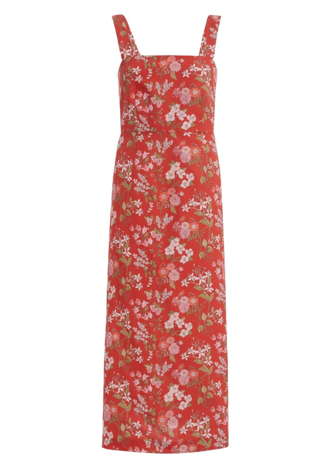 Long Slip Dress in Red with Pink Floral