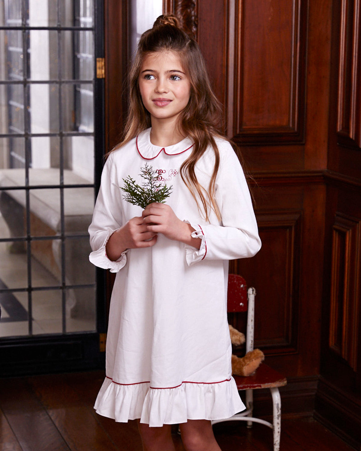 Children’s White Sophia Nightgown with Red Piping