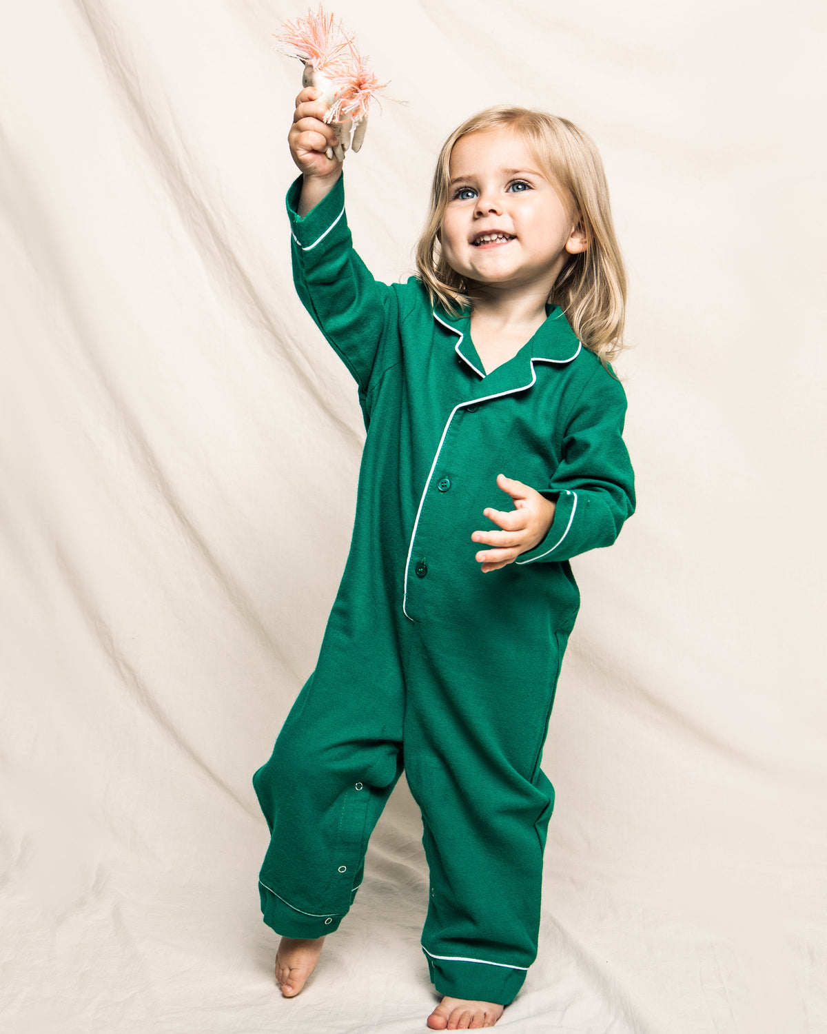 Forest Green Flannel Romper with White Piping