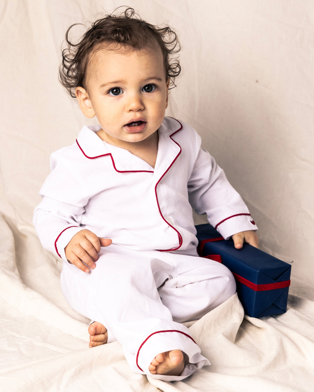 White Festive Romper with Red Piping