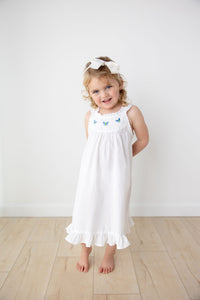 Zoe White Cotton Dress with Blue Butterfly Embroidery