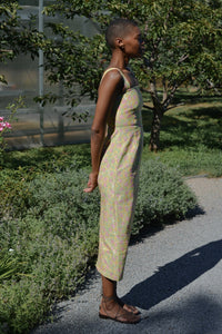 Long Slip Dress in Yellow with Pink Bougainvillea