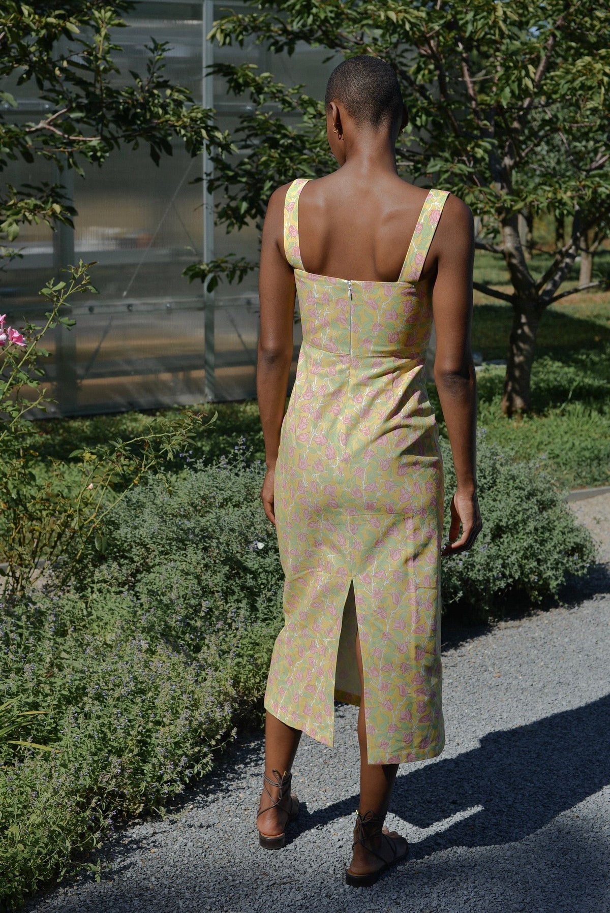 Long Slip Dress in Yellow with Pink Bougainvillea