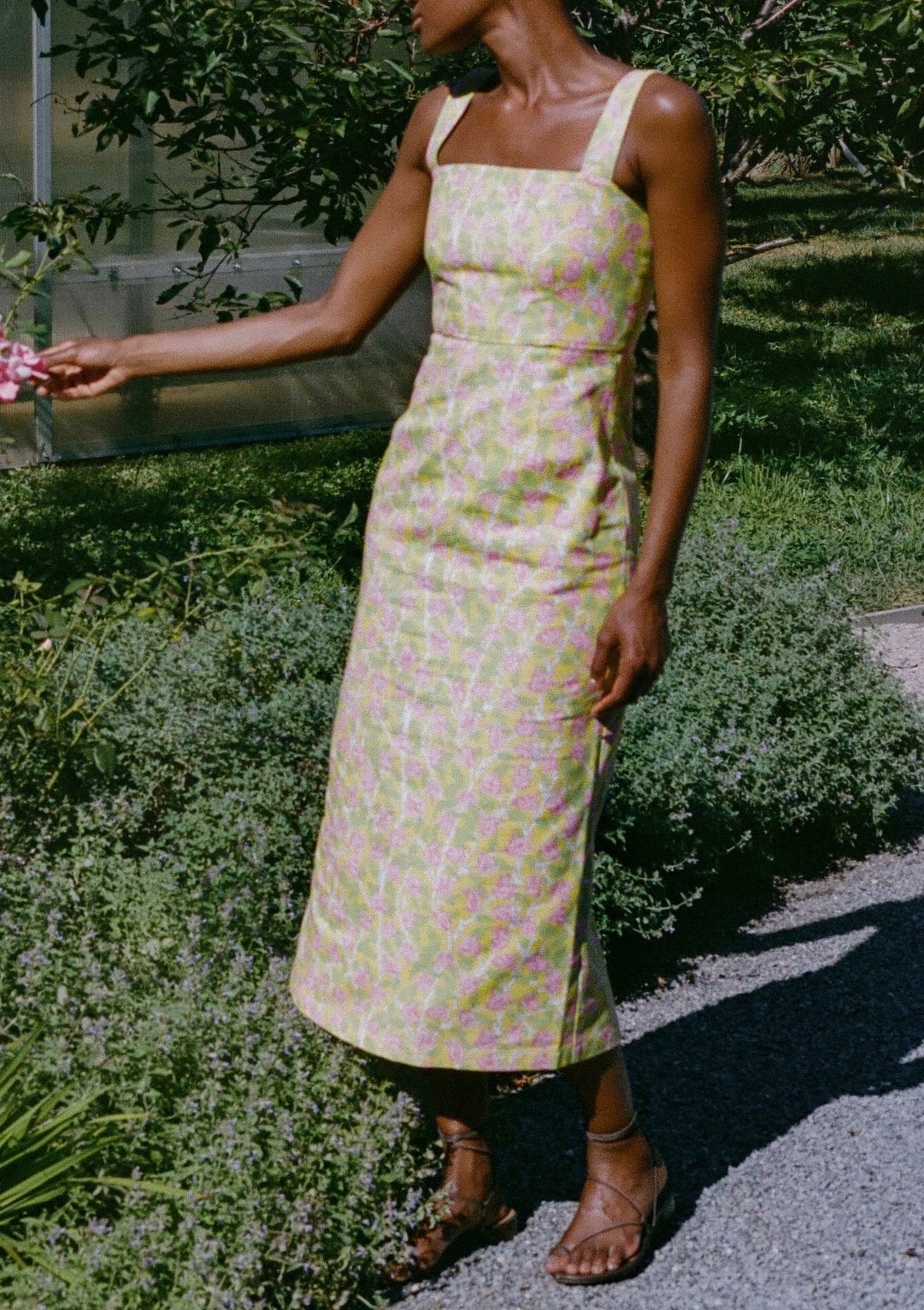 Long Slip Dress in Yellow with Pink Bougainvillea