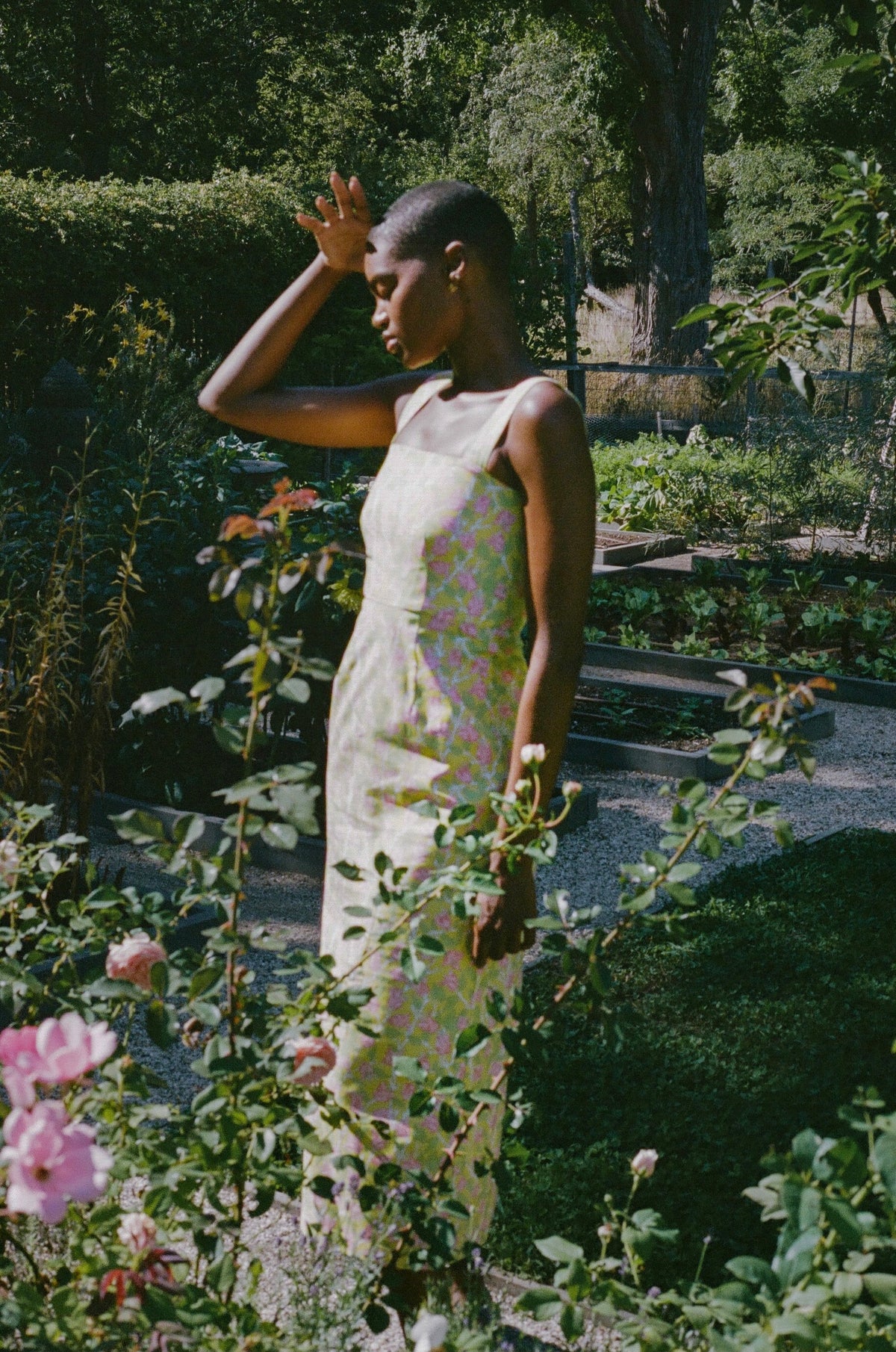 Long Slip Dress in Yellow with Pink Bougainvillea