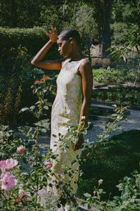 Long Slip Dress in Yellow with Pink Bougainvillea