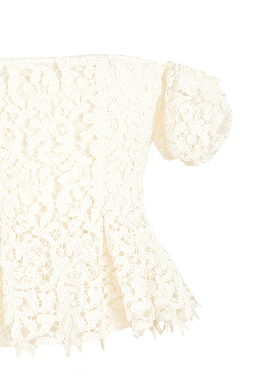 brock collection on over the moon emilie off-the-shoulder top in guipure lace