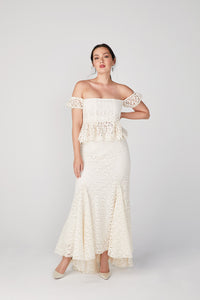 brock collection on over the moon emilie off-the-shoulder top in guipure lace