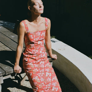 Long Slip Dress in Red with Pink Floral