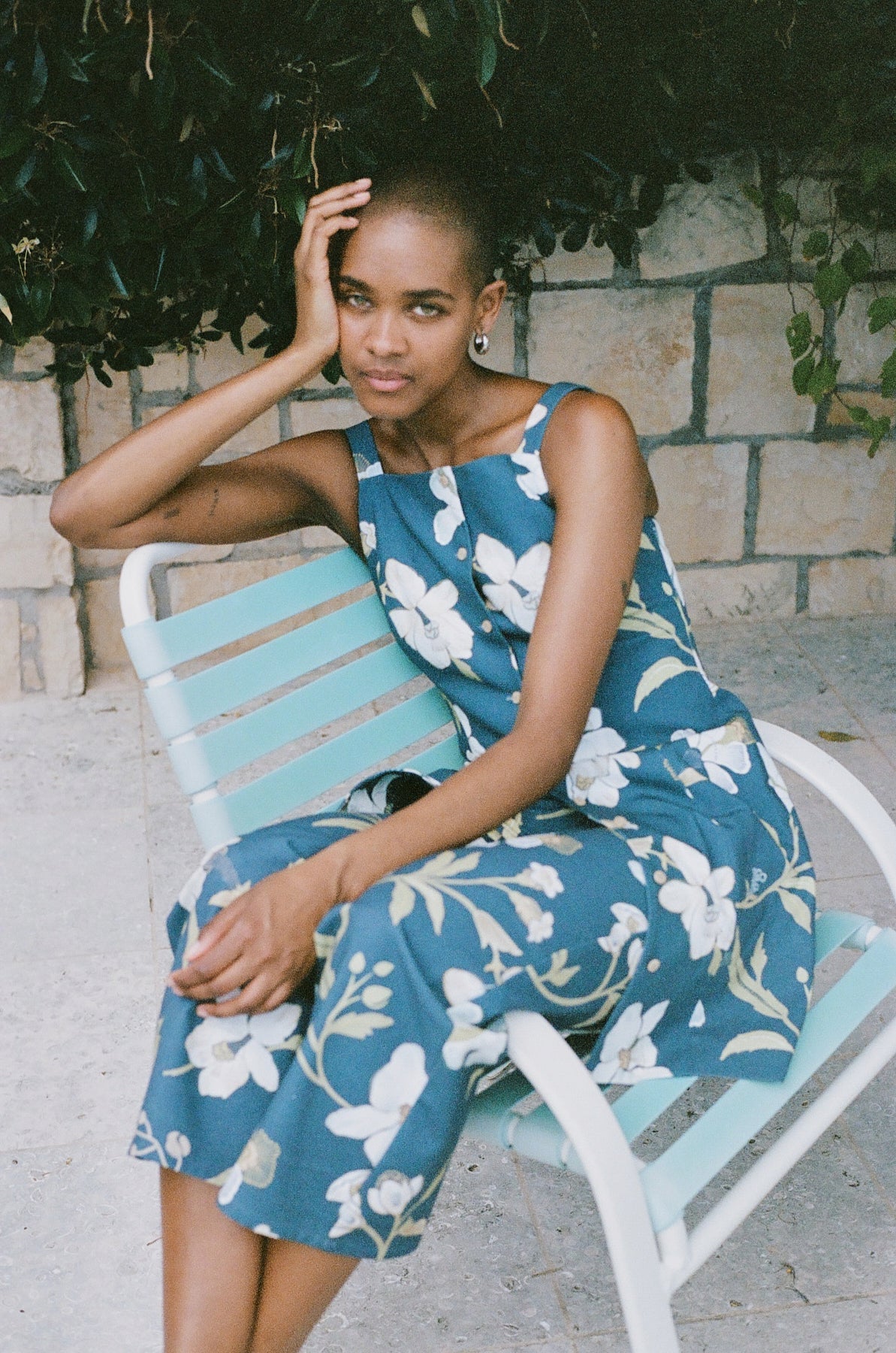 High-Neck Mini Dress in Navy Hibiscus