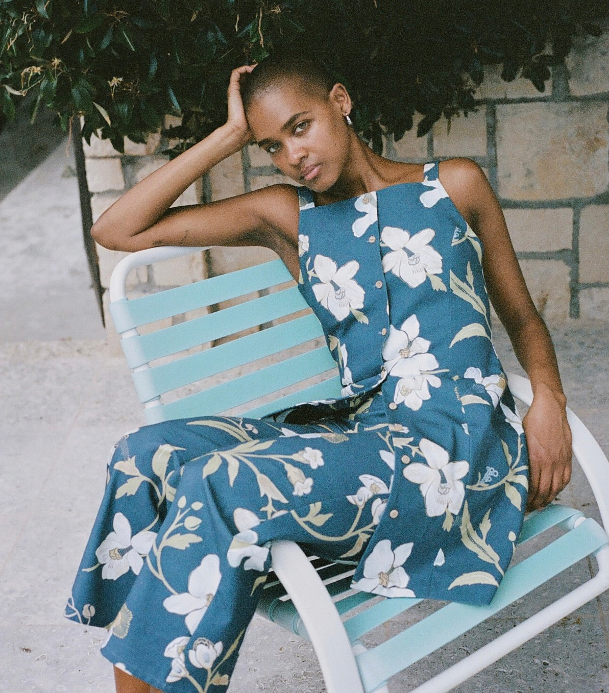 High-Neck Mini Dress in Navy Hibiscus