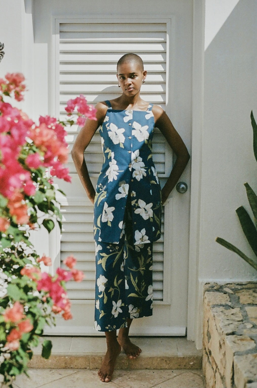 High-Neck Mini Dress in Navy Hibiscus