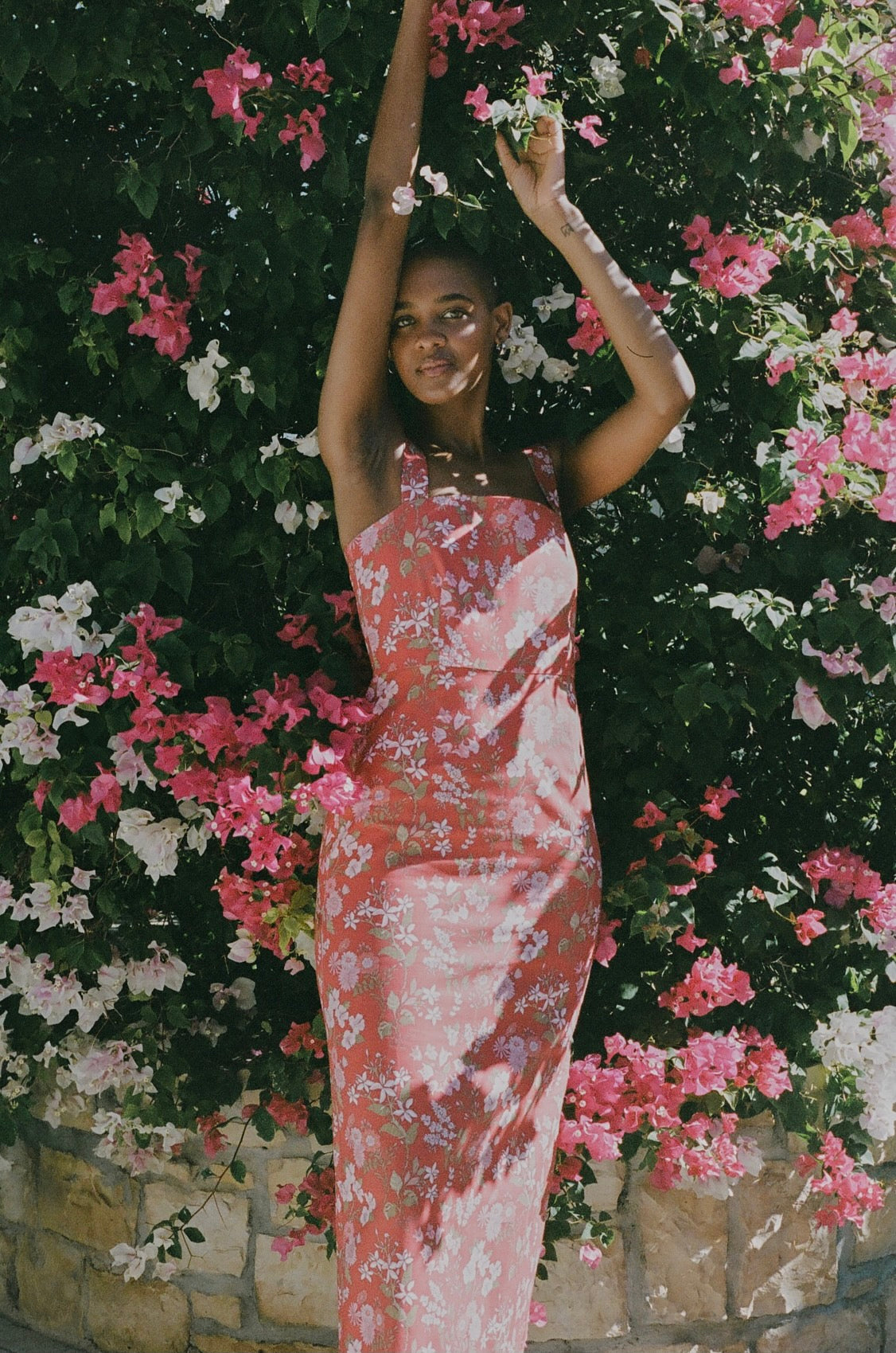 Long Slip Dress in Red with Pink Floral