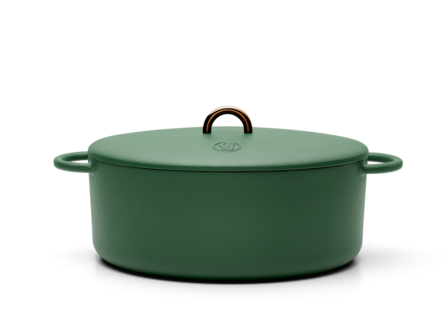 Enameled cast-iron Dutch oven in broccoli green - side view with lid