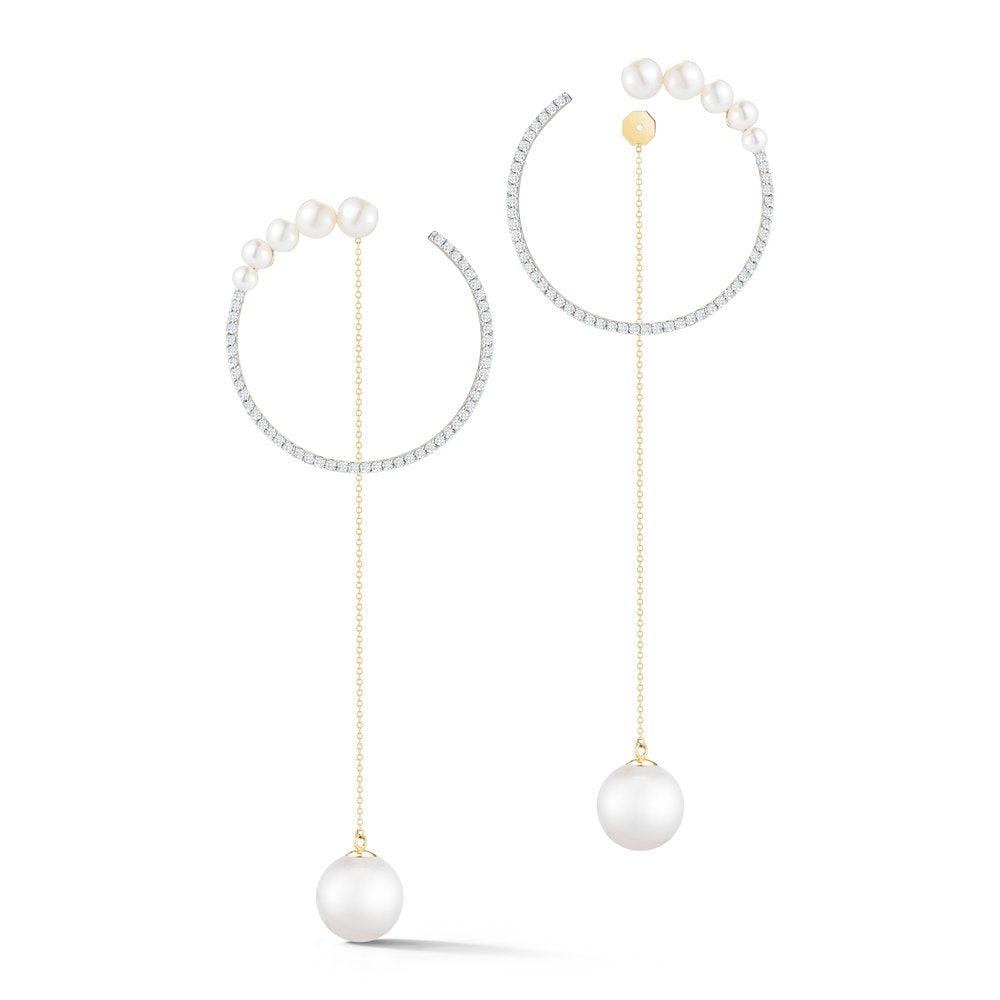 14K Gold Graduated Pearl Hoop with Pearl Drop Earrings