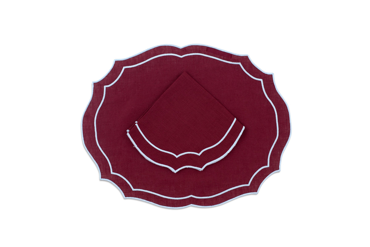 Emma Linen Napkin in Burgundy with Light Blue Embroidery