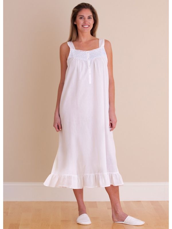 Vicki White Cotton Nightgown with Blue Smocking