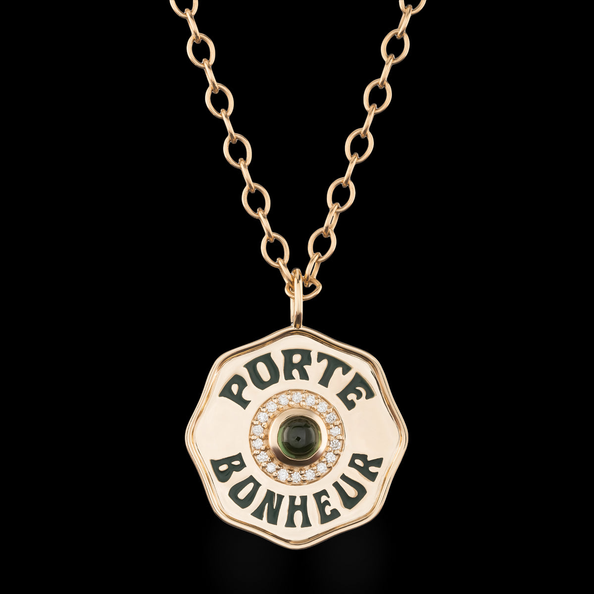 Large Enamel Porte Bonheur Necklace with Diamond Halo