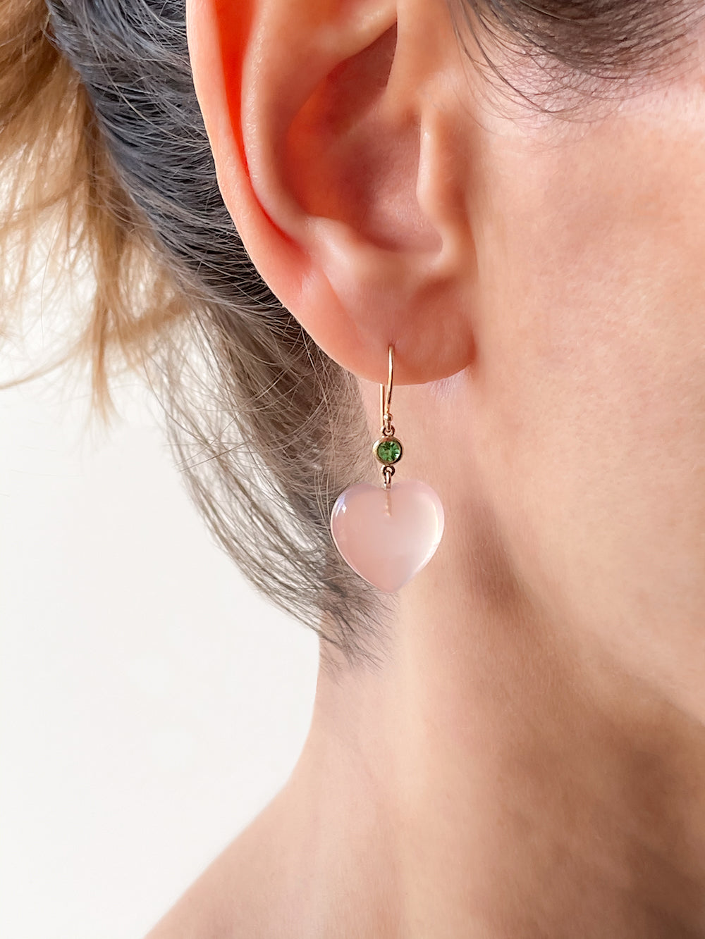 Petits Coeurs Rose Quartz & Tsavorite Gold Earrings