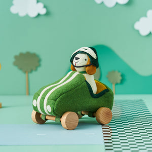 Olli Ella Holdie Dog-Go green racer car and dog driver with helmet on