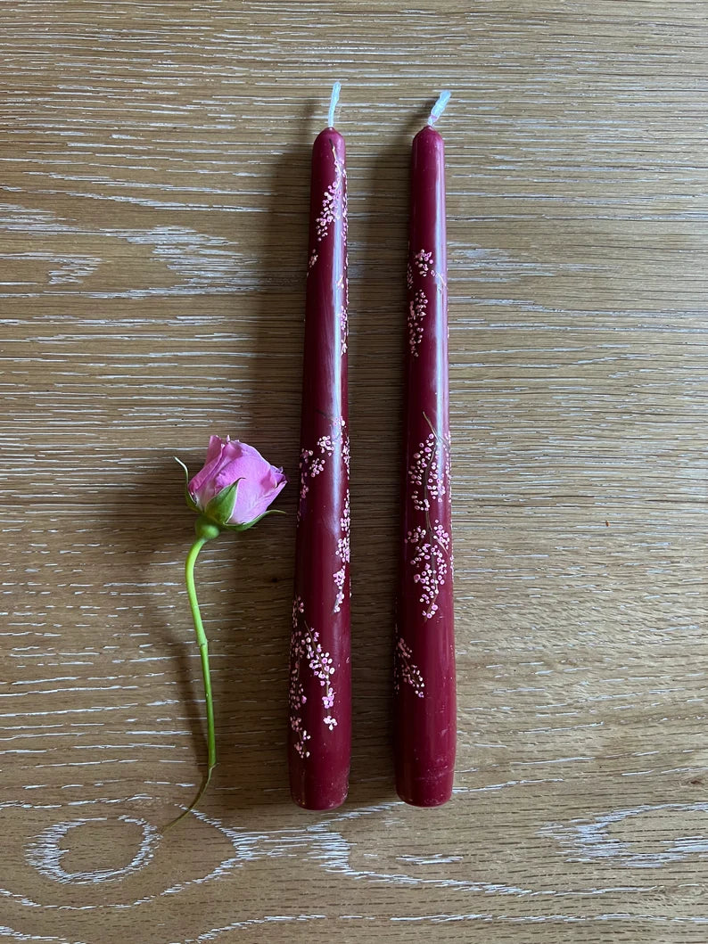 Burgundy Cherry Blossom Hand-Painted Taper Candles, Set of Two