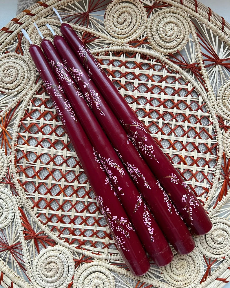 Burgundy Cherry Blossom Hand-Painted Taper Candles, Set of Two