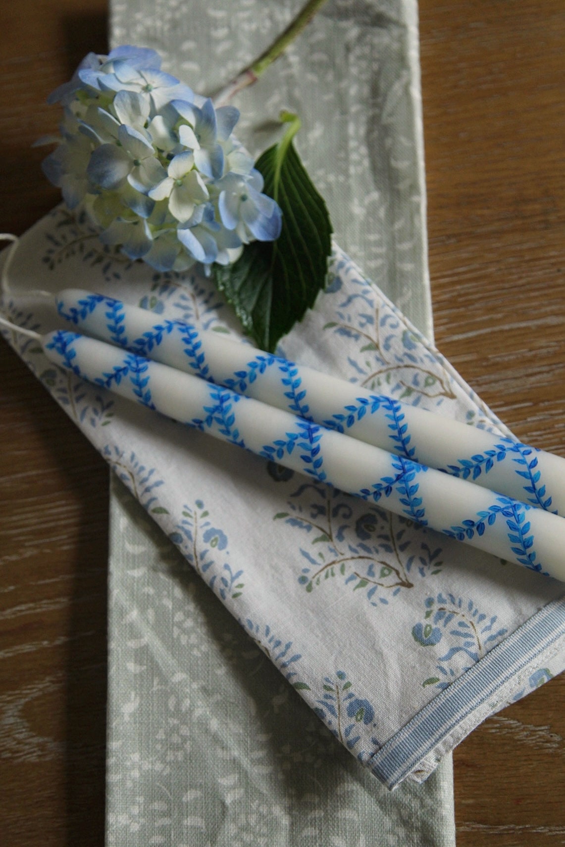 Blue Double Vine Hand-Painted Taper Candles, Set of Two